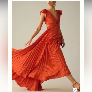 BHLDN MAC DUGGAL PLEATED FLUTTER-SLEEVE DEEP-V LACE-UP GOWN